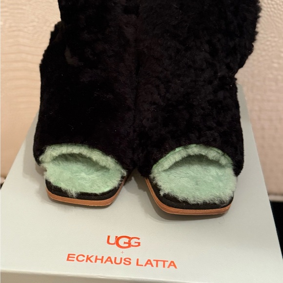 UGG x Eckhaus Latta Special Collection Black and Mint Green Shearling Fur Mules - Picture 2 of 13